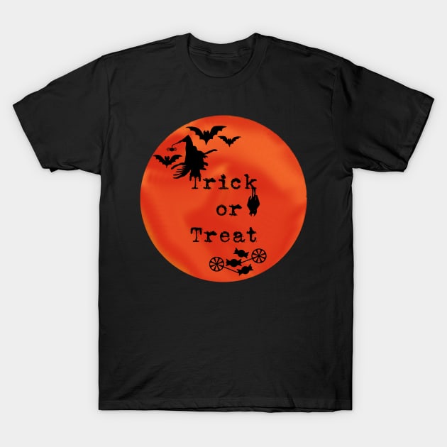 Trick or Treat _ Halloween Witch, Bats, Candy and Orange Moon T-Shirt by karenmcfarland13